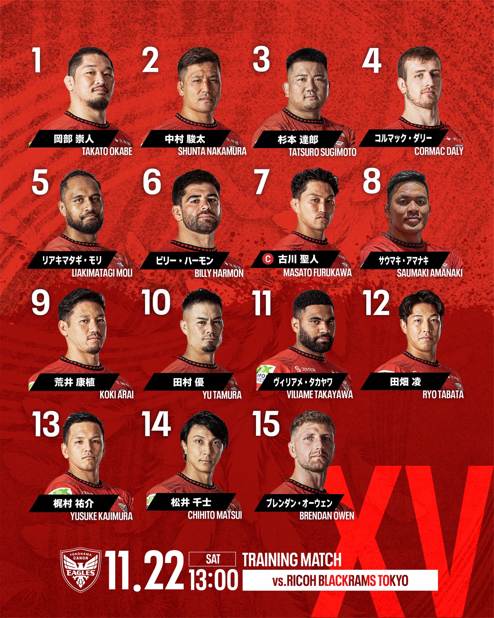 11. 22リコーブラックラムズ東京戦 出場選手 