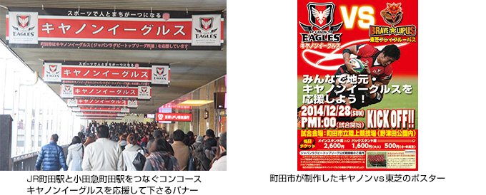 JR町田駅と小田急町田駅をつなぐコンコース キヤノンイーグルスを応援して下さるバナー、町田市が制作したキヤノンVS東芝のポスター