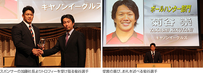 （左）スポンサーの加藤社長よりトロフィーを受け取る菊谷選手（右）受賞の喜び、お礼を述べる菊谷選手
