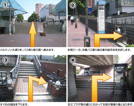 「パルテノン大通りを、バス乗り場方面へ進みます。」「右側⑪~⑬、⑯番バス乗り場の案内板手前を右折します。」「すぐ右の階段を下ります。」「京王プラザ側の通りに向かって右側が番乗り場となります。」