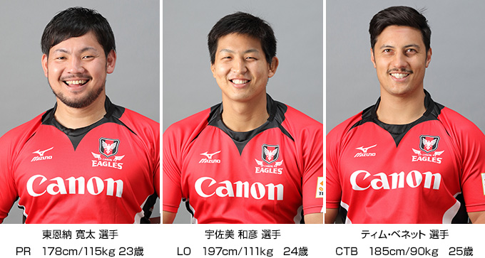 東恩納 寛太 選手(PR 178cm/115kg 23歳)、宇佐美 和彦 選手(LO 197cm/111kg 24歳)、ティム・ベネット 選手(CTB 185cm/90kg 25歳)