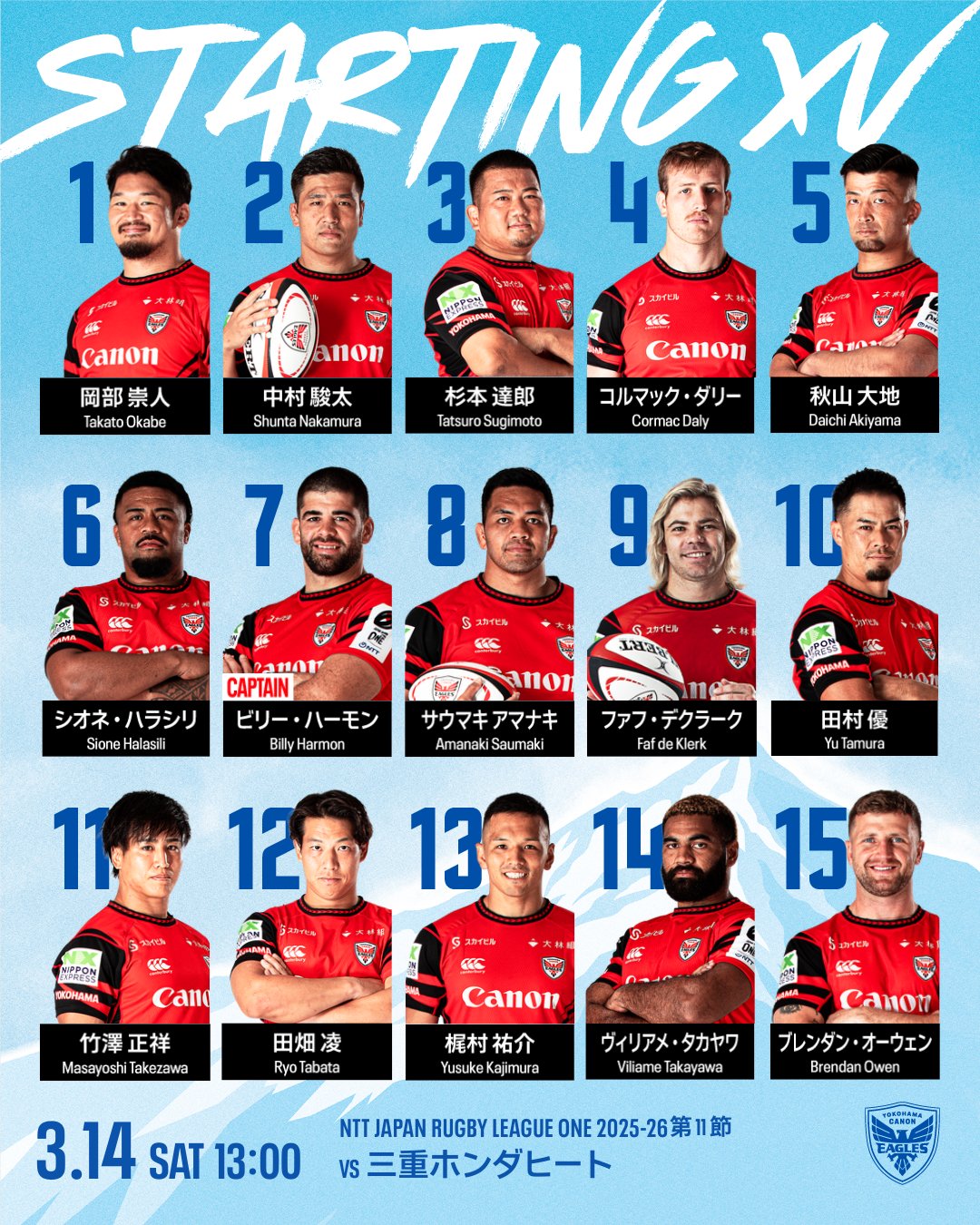 第11節 (3/14) 三重ホンダヒート戦 出場選手 