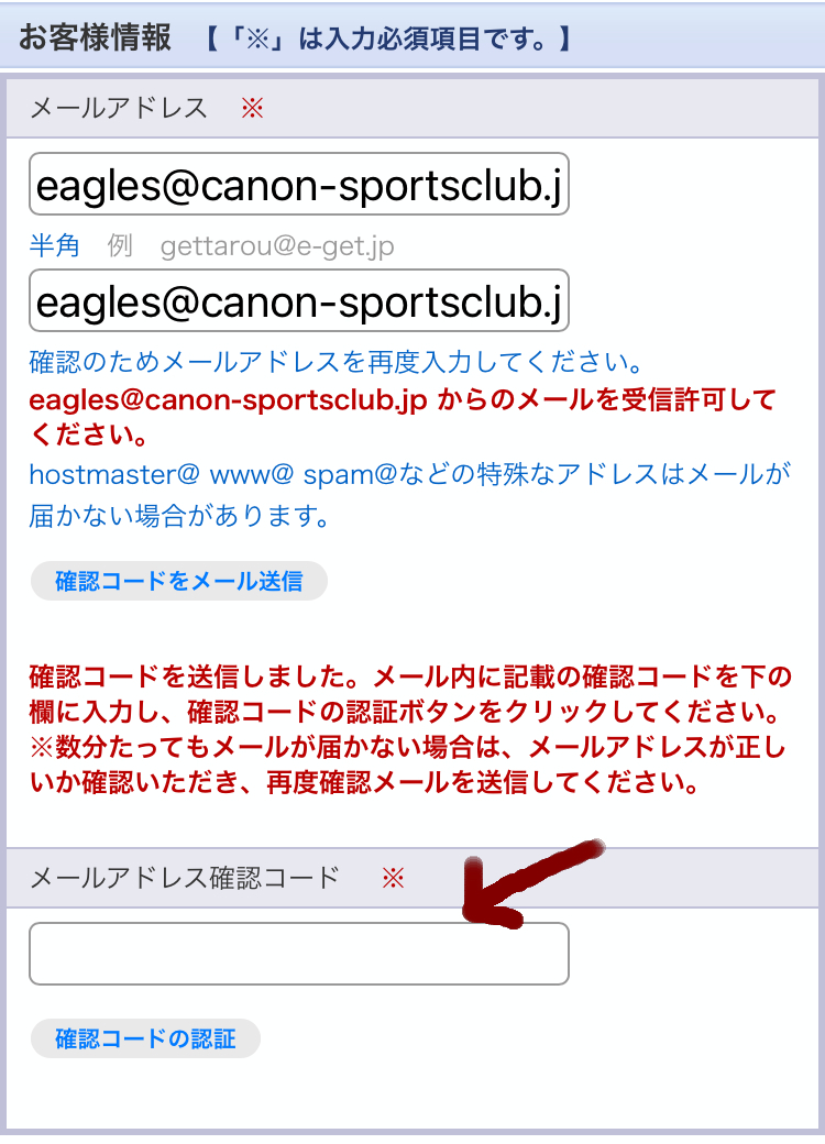 確認コード入力 確認コード入力